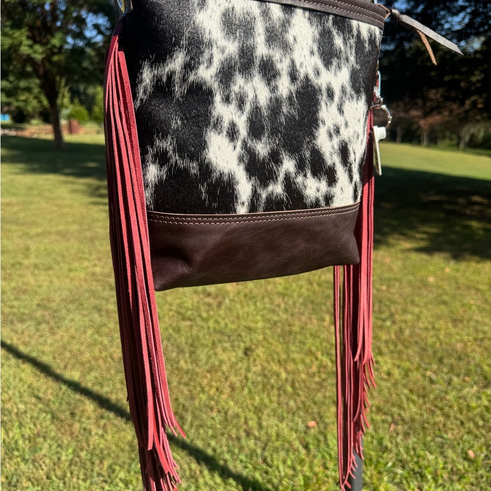 Holy Cow Couture Mini Messenger - Black and White Bag with Maroon Fringe